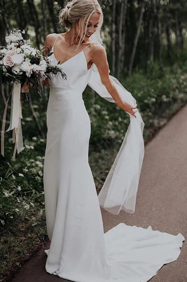 www.simidress.com | Simple White Mermaid Spaghetti Straps V Neck Satin Boho Beach Wedding Dress, SW295