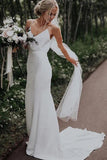 www.simidress.com | Simple White Mermaid Spaghetti Straps V Neck Satin Boho Beach Wedding Dress, SW295