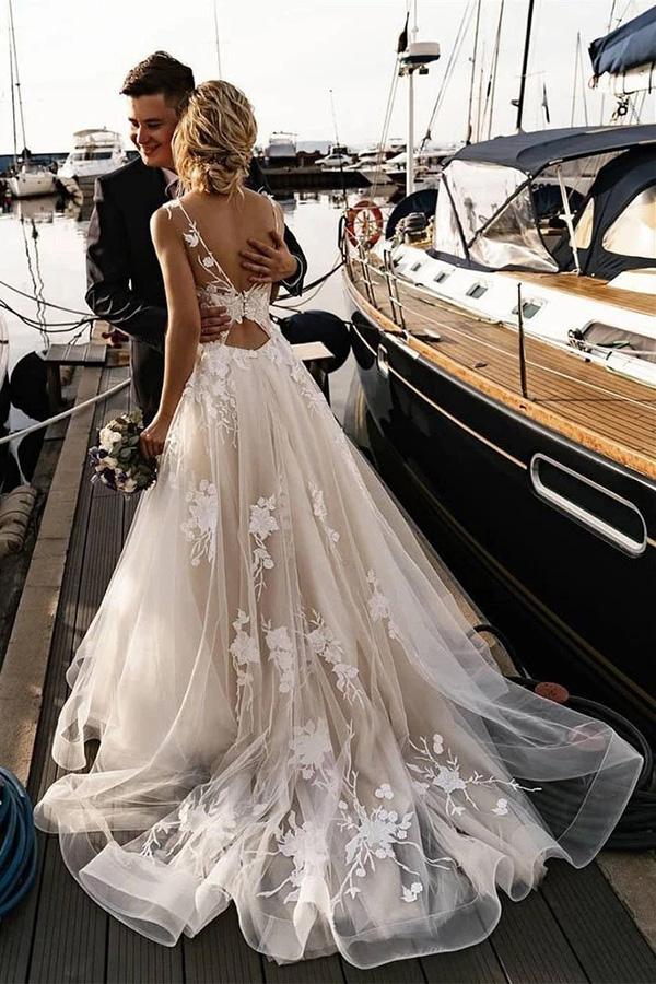 Gorgeous Tulle A-line Backless Boho Floral Appliques Beach Wedding Dre Simidress Gorgeous Tulle A-line Backless Boho Floral Appliques Beach Wedding Dre Simidress