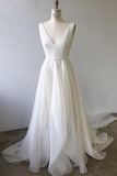 Simple Ivory A-line V-neck White Wedding Dresses Prom Dress With Court Train, SW297