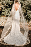 www.simidress.com |  Ivory Lace Long Sleeves Sheath Illusion Neckline Wedding Dresses Bridal Dress, SW299