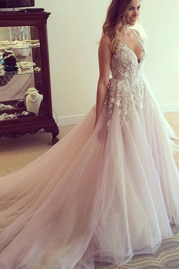 V-neck Long Wedding Dress with Appliques Sheer Back Wedding Gown SW31