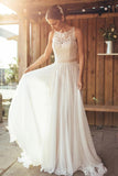 Elegant Ivory A-Line Chiffon Beaded Appliques See Through Neckline Wedding Dress, SW300