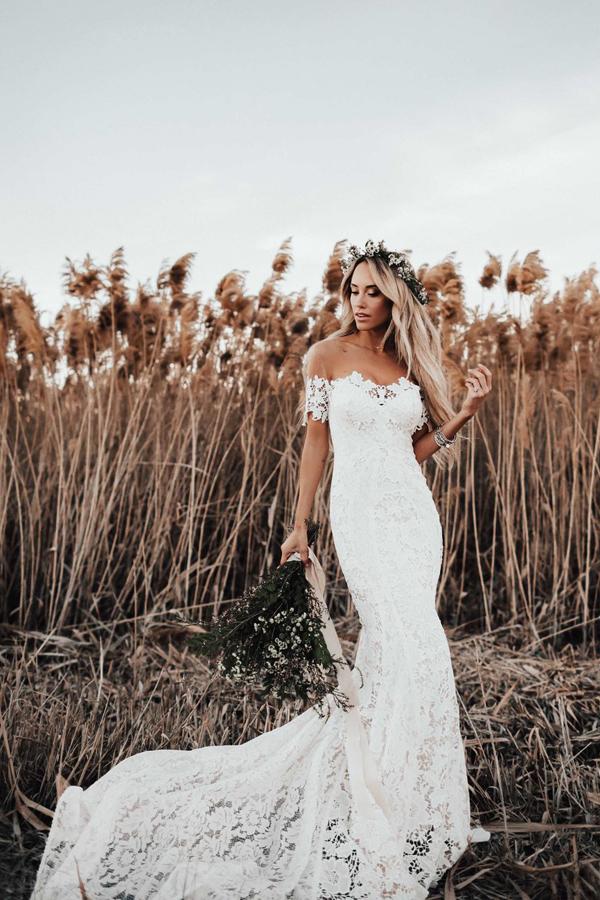 Ivory Rustic Lace Mermaid Illusion Neckline Beach Wedding Dress