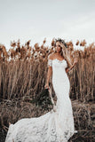 Ivory Rustic Lace Mermaid Illusion Neckline Beach Wedding Dress With Train, SW302