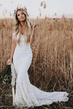 www.simidress.com | Ivory Rustic Lace Mermaid Illusion Neckline Beach Wedding Dress With Train, SW302