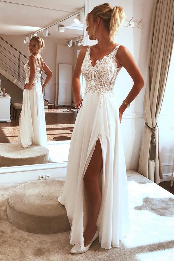 Elegant Chiffon Lace Spaghetti straps Appliques Beach Wedding