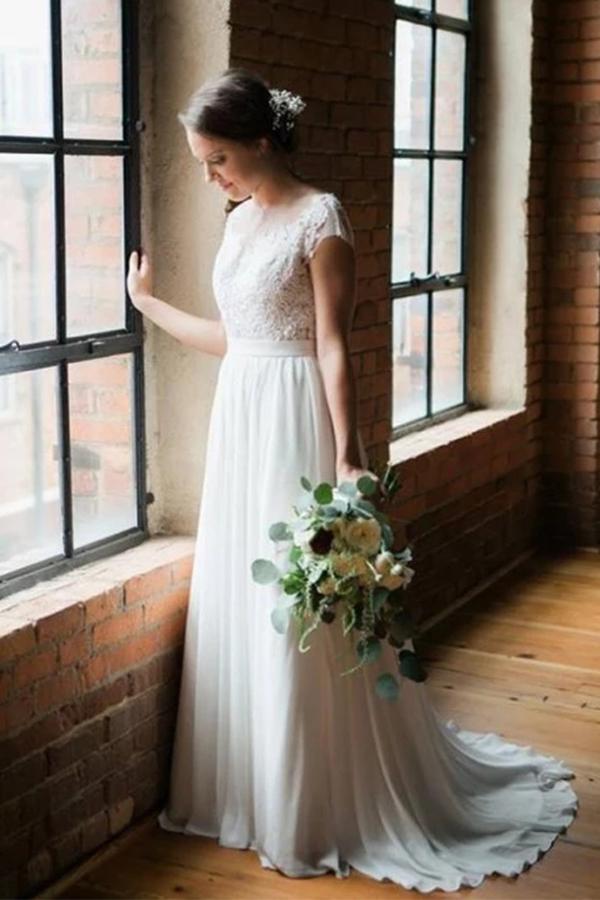 Romantic Scoop Chiffon Open Back Wedding Dresses Short Train Bridal Dress, SW304