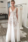 Elegant Ivory Backless A-Line V-Neck Appliques Wedding Dress with Sweep Train, SW305