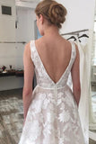 simidress.com | Elegant Ivory Backless A-Line V-Neck Appliques Wedding Dress with Sweep Train, SW305