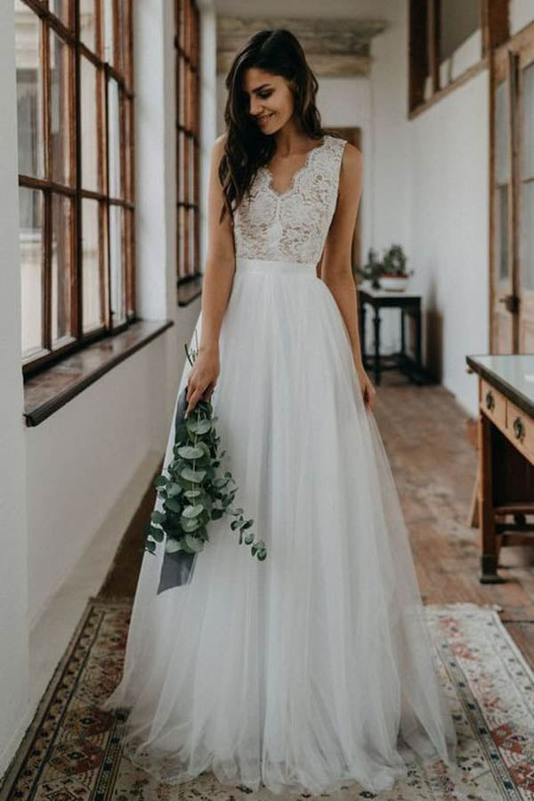 Simple White Tulle And Lace A-line V-neck Open Back Beach Wedding Dres Simidress Simple White Tulle And Lace A-line V-neck Open Back Beach Wedding Dres Simidress