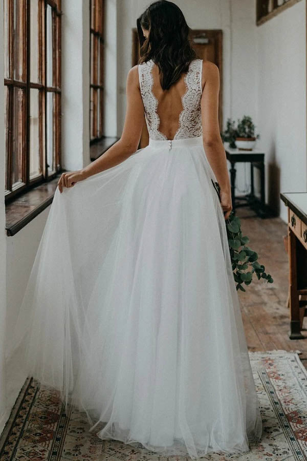 Simple White Tulle And Lace A-line V-neck Open Back Beach Wedding 