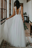 www.simidress.com offer Simple White Tulle And Lace A-line V-neck Open Back Beach Wedding Dresses, SW309
