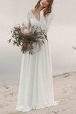 Simple Lace A-line V-neck Open Back Long Sleeves Beach Wedding Dresses, SW311