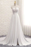 Modest White Chiffon A-line V-neck Lace Split Covered Wedding Dresses, SW312