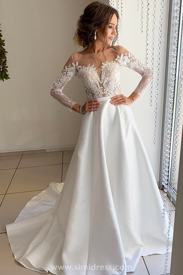 Beautiful Satin Long Sleeves Ball Gown Open Back Wedding Dresses with – Simidress Beautiful Satin Long Sleeves Ball Gown Open Back Wedding Dresses with – Simidress