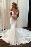 Gorgeous Ivory Lace Mermaid Off the Shoulder Wedding Dress with Sweep Train, SW315