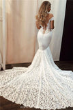 Find Gorgeous Ivory Lace Mermaid Off the Shoulder Wedding Dress with Sweep Train, SW315 at www.simidress.com