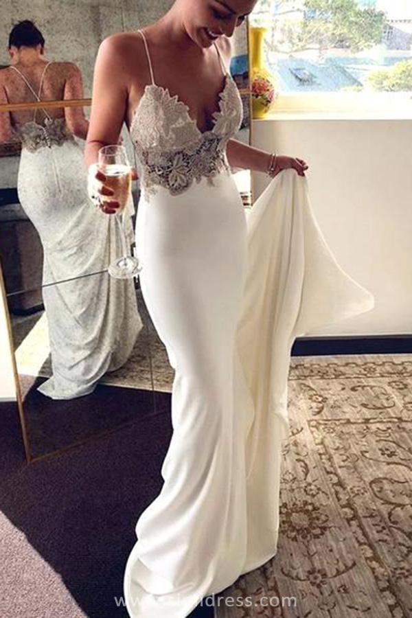 simidress.com offer Soft Satin Boho Mermaid Spaghetti Straps Lace V Neck Beach Wedding Dresses, SW317