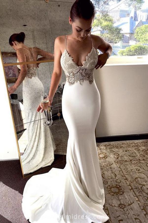 Soft Satin Boho Mermaid Spaghetti Straps Lace V Neck Beach Wedding Dre Simidress Soft Satin Boho Mermaid Spaghetti Straps Lace V Neck Beach Wedding Dre Simidress