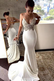Soft Satin Boho Mermaid Spaghetti Straps Lace V Neck Beach Wedding Dresses, SW317
