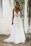 Fairy Ivory Boho Backless Tulle A Line V Neck Spaghetti Straps Wedding Dresses, SW318