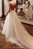 simidress.com offer Fairy Ivory Boho Backless Tulle A Line V Neck Spaghetti Straps Wedding Dresses, SW318