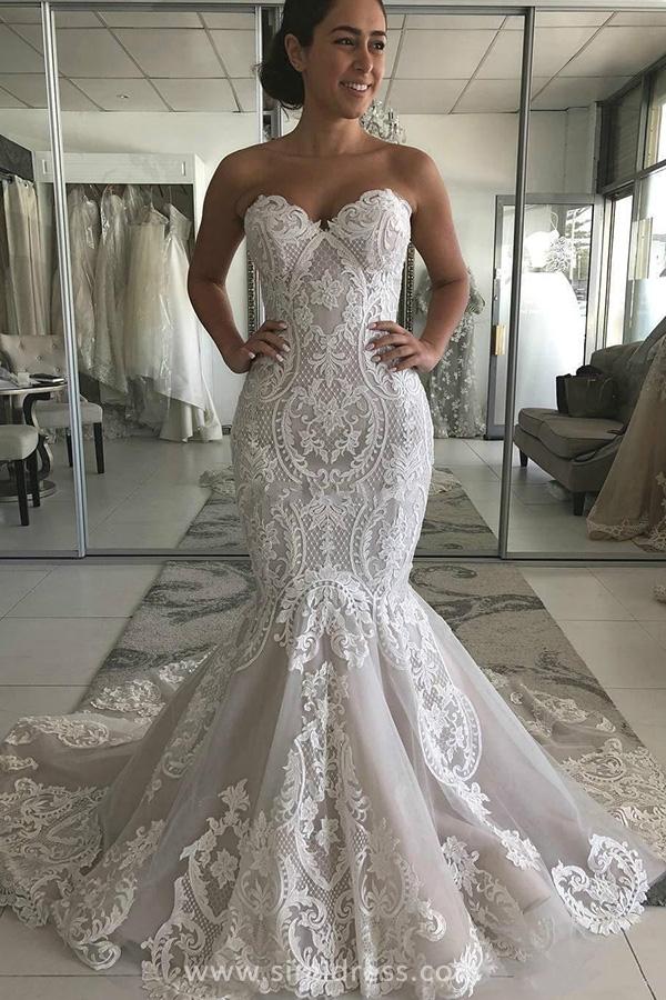 Luxury Lace Mermaid Sweetheart Neckline Wedding Dresses with Cathedral  Train, SW322