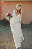 Sheath Backless V-Neck Long Sleeve Court Train Illusion Lace Wedding Dress, SW323