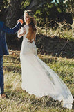 simidress.com offer Sheath Backless V-Neck Long Sleeve Court Train Illusion Lace Wedding Dress, SW323