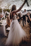 Elegant White Tulle Lace Spaghetti Straps 3D Flower Wedding Dresses, SW324