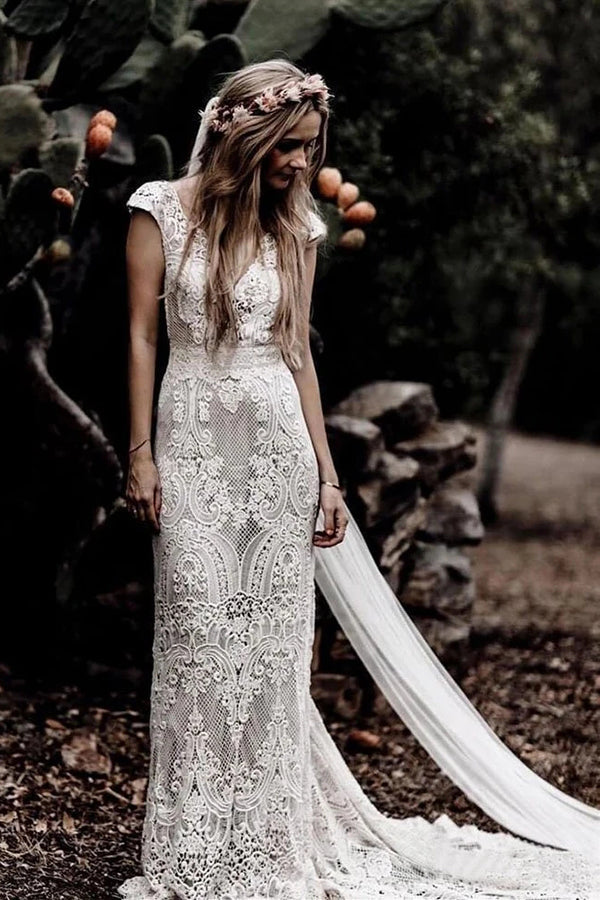 Gorgeous Sheath Boho Cap Sleeve Vintage Lace Rustic Wedding Dress with – Simidress