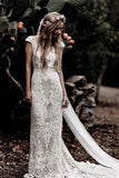 Gorgeous Sheath Boho Cap Sleeve Vintage Lace Rustic Wedding Dress with Train, SW327