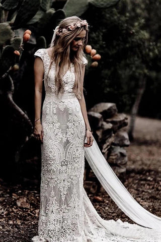 Gorgeous Sheath Boho Cap Sleeve Vintage Lace Rustic Wedding Dress with Train, SW327