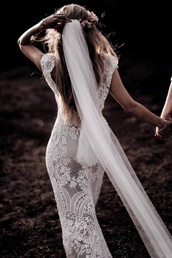 Gorgeous Sheath Boho Cap Sleeve Vintage Lace Rustic Wedding Dress with – Simidress