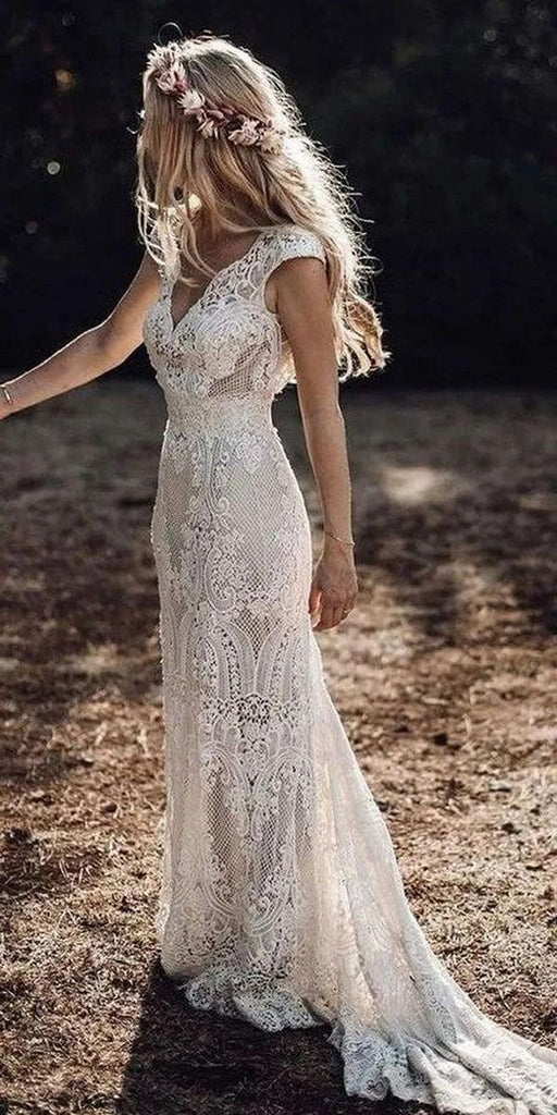 Gorgeous Sheath Boho Cap Sleeve Vintage Lace Rustic Wedding Dress with –  Simidress