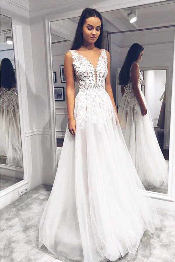 Elegant White Lace A-line V-neck Sleeveless Wedding Dresses, Bridal Go –  Simidress