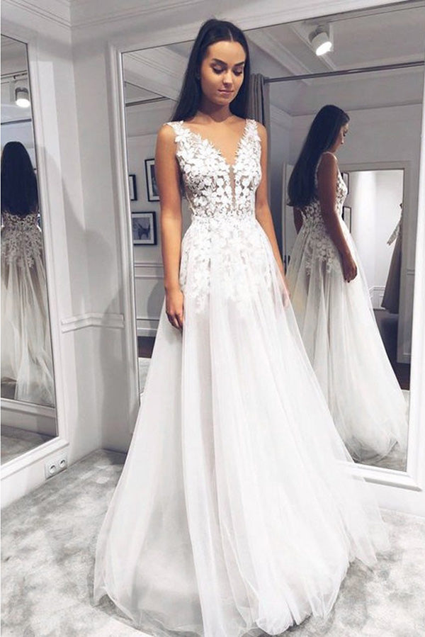 Elegant White Lace A-line V-neck Sleeveless Wedding Dresses, Bridal Go Simidress Elegant White Lace A-line V-neck Sleeveless Wedding Dresses, Bridal Go Simidress