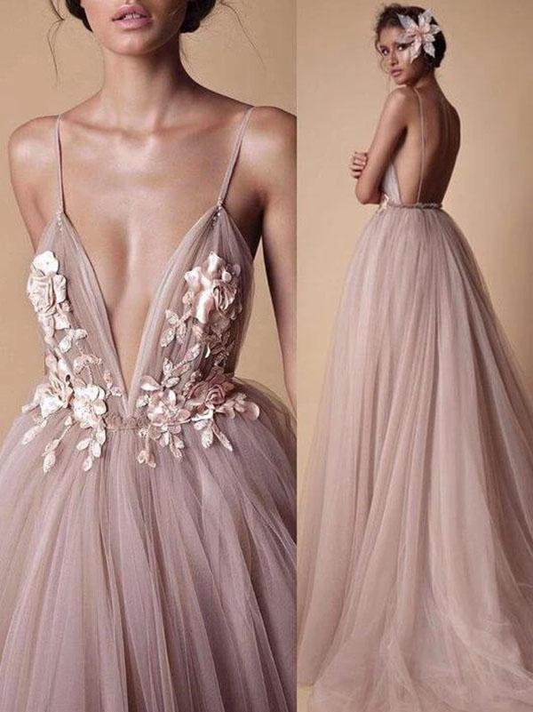 Find A-line Spaghetti Straps Deep V Neck Beach Wedding Dresses With Appliques, SW335 at www.simidress.com with good price