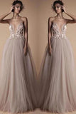 A-line Spaghetti Straps Deep V Neck Beach Wedding Dresses With Appliques, SW335