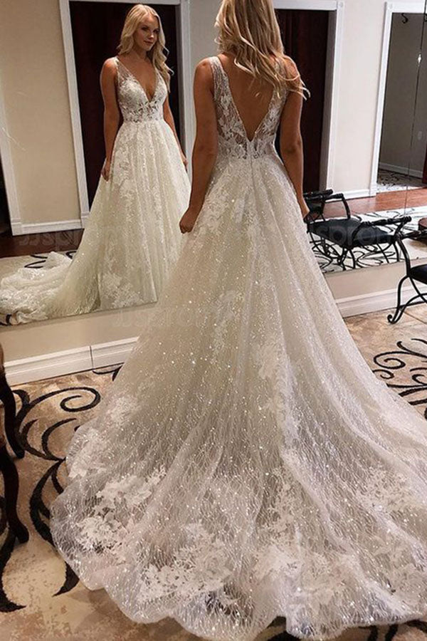 Sparkly Lace Ball Gown V neck Open Back Wedding Dress with