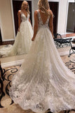 Sparkly Lace Ball Gown V-neck Open Back Wedding Dress with Appliques, SW333