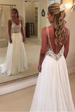 Elegant Simple White Lace A Line V Neck Open Back Long Wedding Dresses, SW334