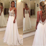 Find Elegant Simple White Lace A Line V Neck Open Back Long Wedding Dresses, SW334 at www.simidress.com
