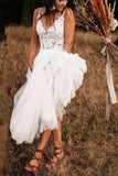 Elegant White Backless A-line Unlined Lace Bodice V-neck Wedding Dress, SW336