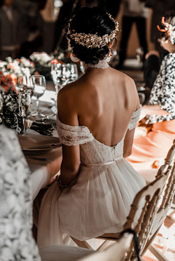 Ivory Lace Off-the-Shoulder Backless Chiffon Wedding Dresses With High Simidress Ivory Lace Off-the-Shoulder Backless Chiffon Wedding Dresses With High Simidress