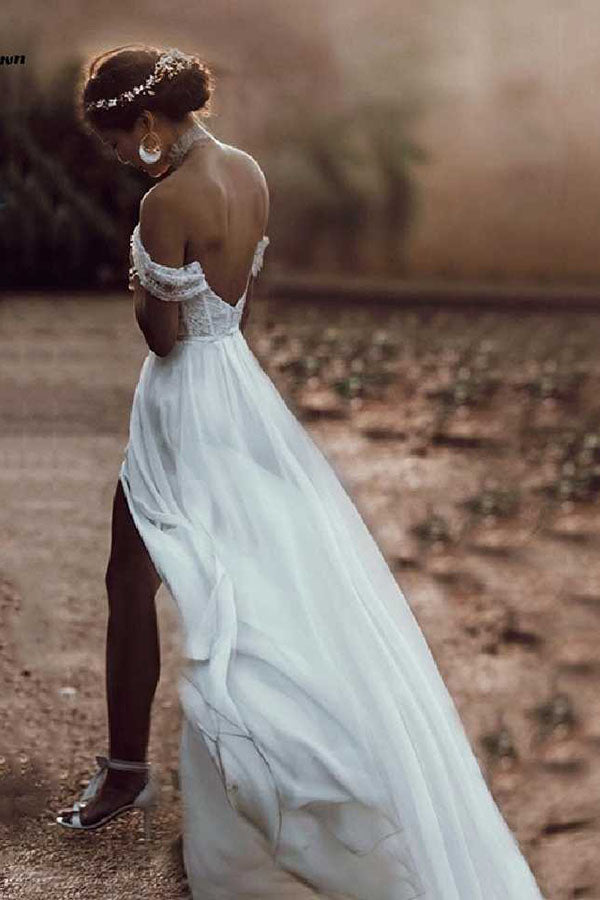 Ivory Lace Off-the-Shoulder Backless Chiffon Wedding Dresses With High Simidress Ivory Lace Off-the-Shoulder Backless Chiffon Wedding Dresses With High Simidress