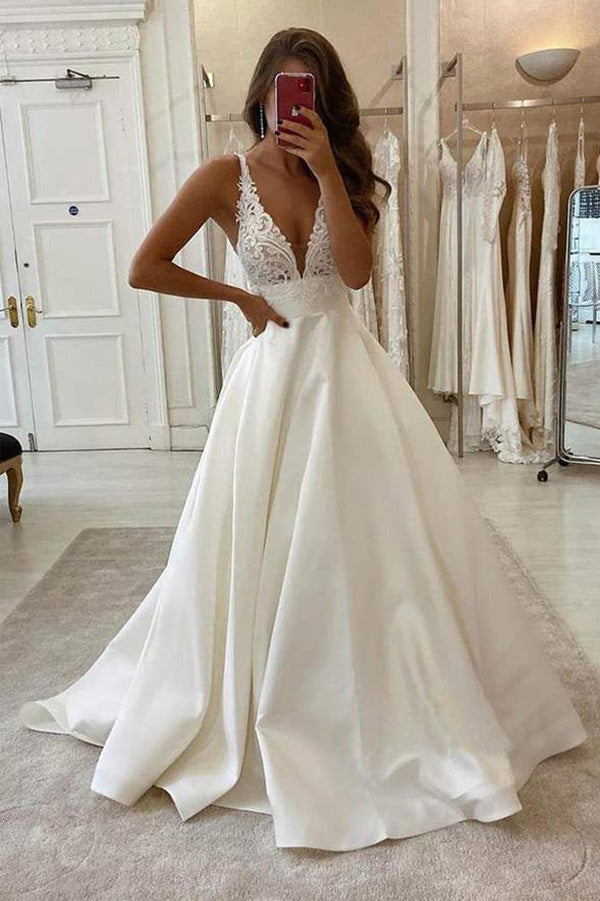 Simple Ivory Satin A-line V-neck Backless Wedding Dress Bridal Gowns, –  Simidress