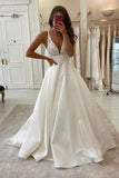 Simple Ivory Satin A-line V-neck Backless Wedding Dress Bridal Gowns, SW340