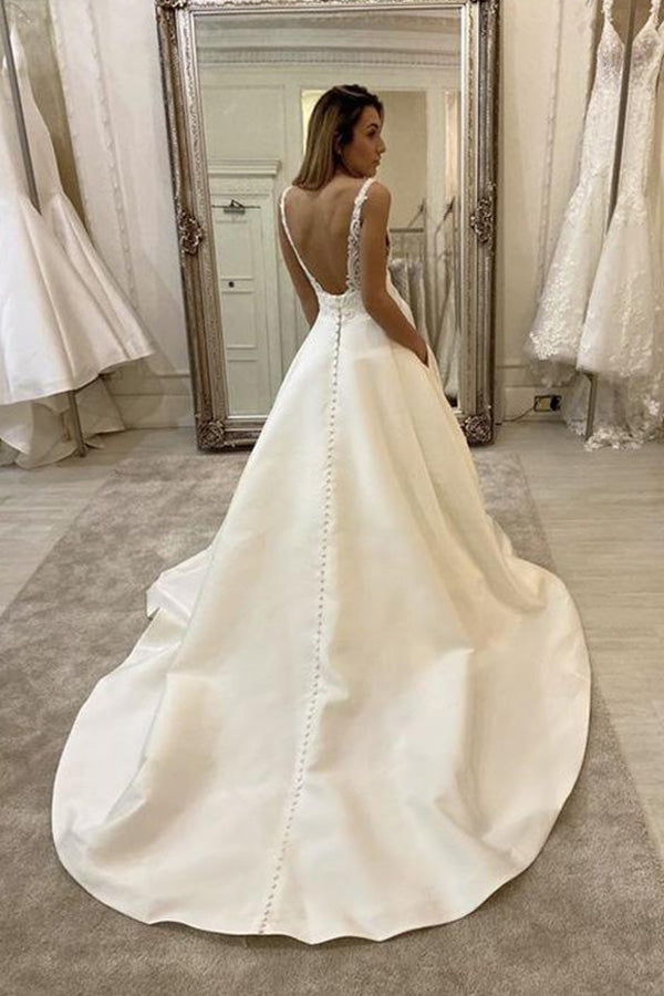 www.simidress.com supply Simple Ivory Satin A-line V-neck Backless Wedding Dress Bridal Gowns, SW340